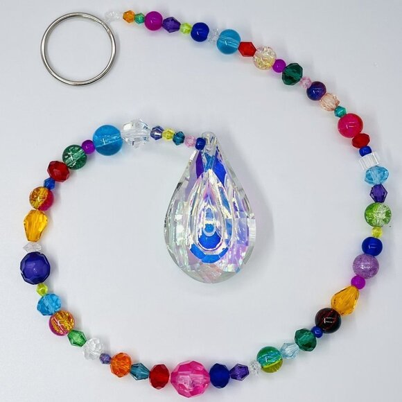 Handmade Beaded Suncatcher - Multicolor -Clear Crystal Prism - Hanging Decor - Picture 1 of 11